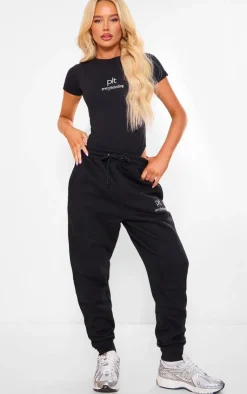 Hot PrettyLittleThing Silver Logo Short Sleeved Bodysuit Black