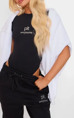 Hot PrettyLittleThing Silver Logo Short Sleeved Bodysuit Black