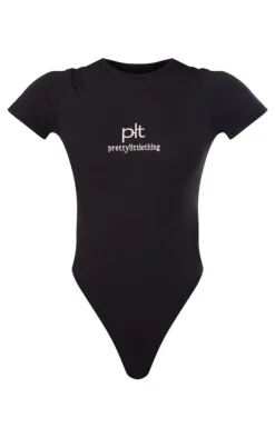 Hot PrettyLittleThing Silver Logo Short Sleeved Bodysuit Black