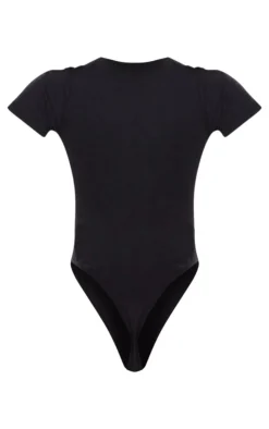 Hot PrettyLittleThing Silver Logo Short Sleeved Bodysuit Black