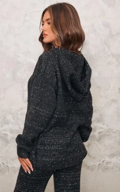 Discount PrettyLittleThing Space Dye Oversized Knitted Hoodie Black