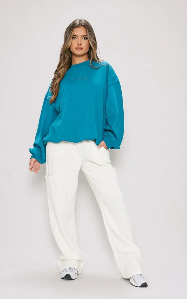 PRETTYLITTLETHING Blue Embroidered Gathered Hem Sweatshirt