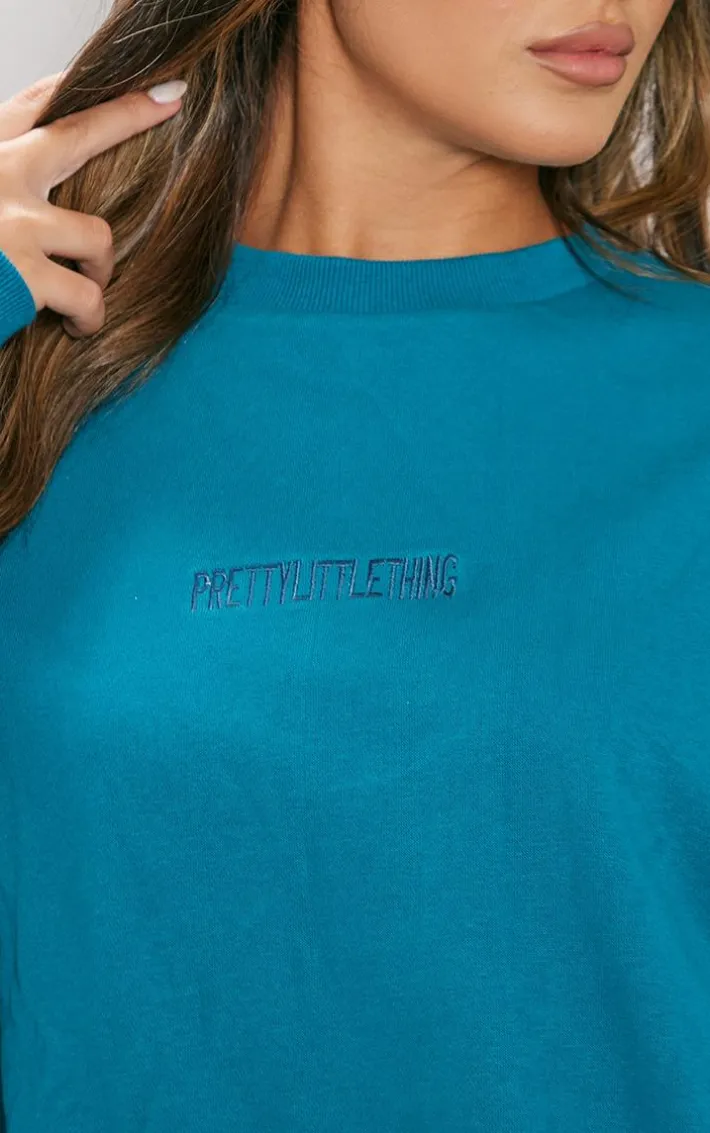 PRETTYLITTLETHING Blue Embroidered Gathered Hem Sweatshirt