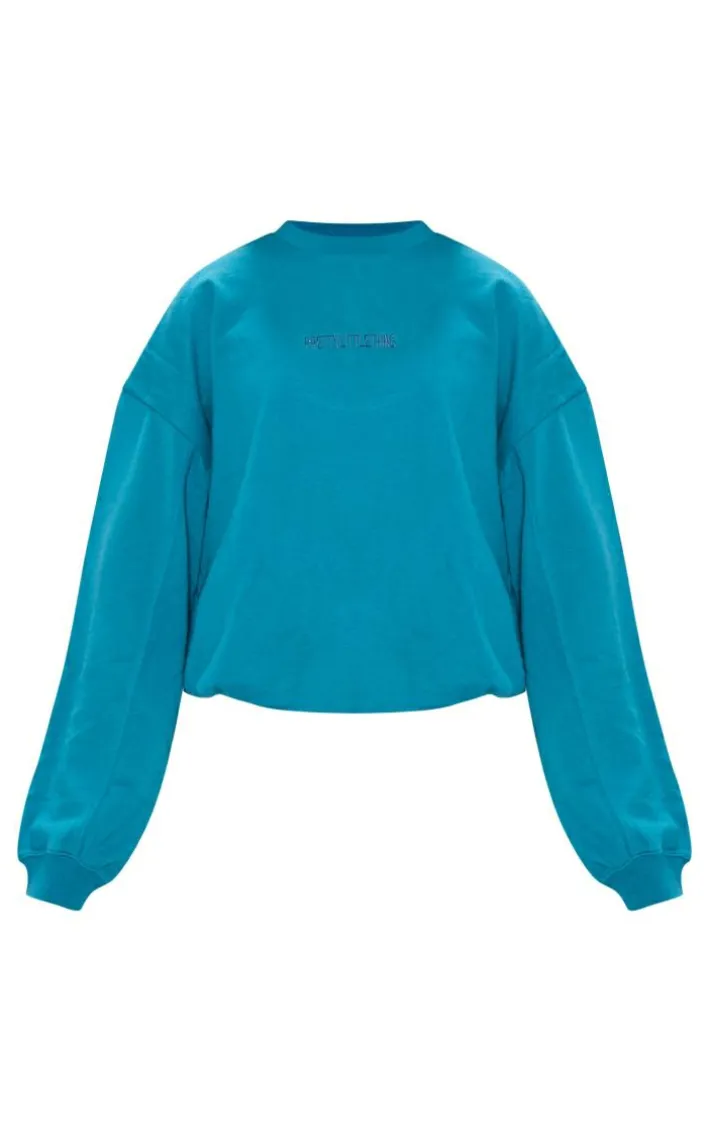 PRETTYLITTLETHING Blue Embroidered Gathered Hem Sweatshirt