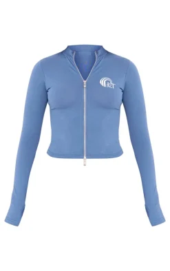 Online PrettyLittleThing Embroidered Graphic Zip Up Long Top Blue