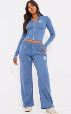 Sale PrettyLittleThing Embroidered Graphic Wide Leg Sweatpants Blue