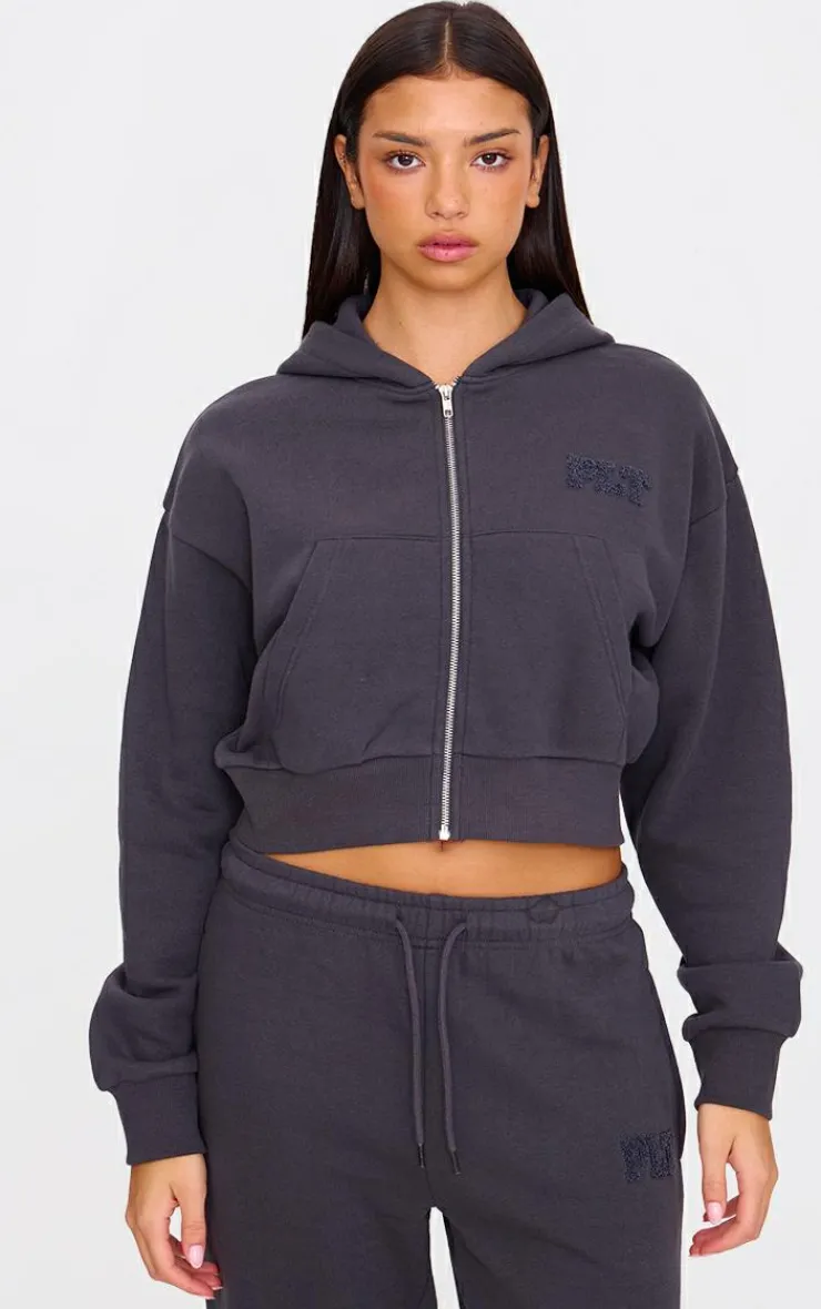 New PrettyLittleThing Borg Graphic Zip Up Hoodie Blue Grey