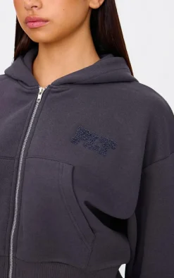 New PrettyLittleThing Borg Graphic Zip Up Hoodie Blue Grey