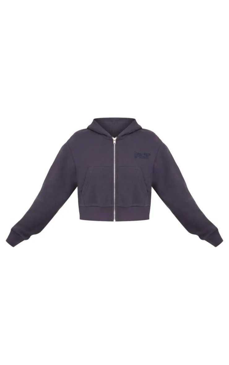 New PrettyLittleThing Borg Graphic Zip Up Hoodie Blue Grey