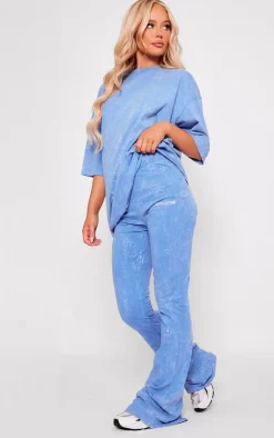 Best PrettyLittleThing Print Washed High Waist Flared Pants Blue