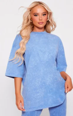 Online PrettyLittleThing Print Washed Oversized T-shirt Blue