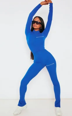 Sale PrettyLittleThing Rib Split Hem Leggings Bright Blue