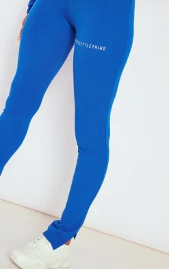 Sale PrettyLittleThing Rib Split Hem Leggings Bright Blue