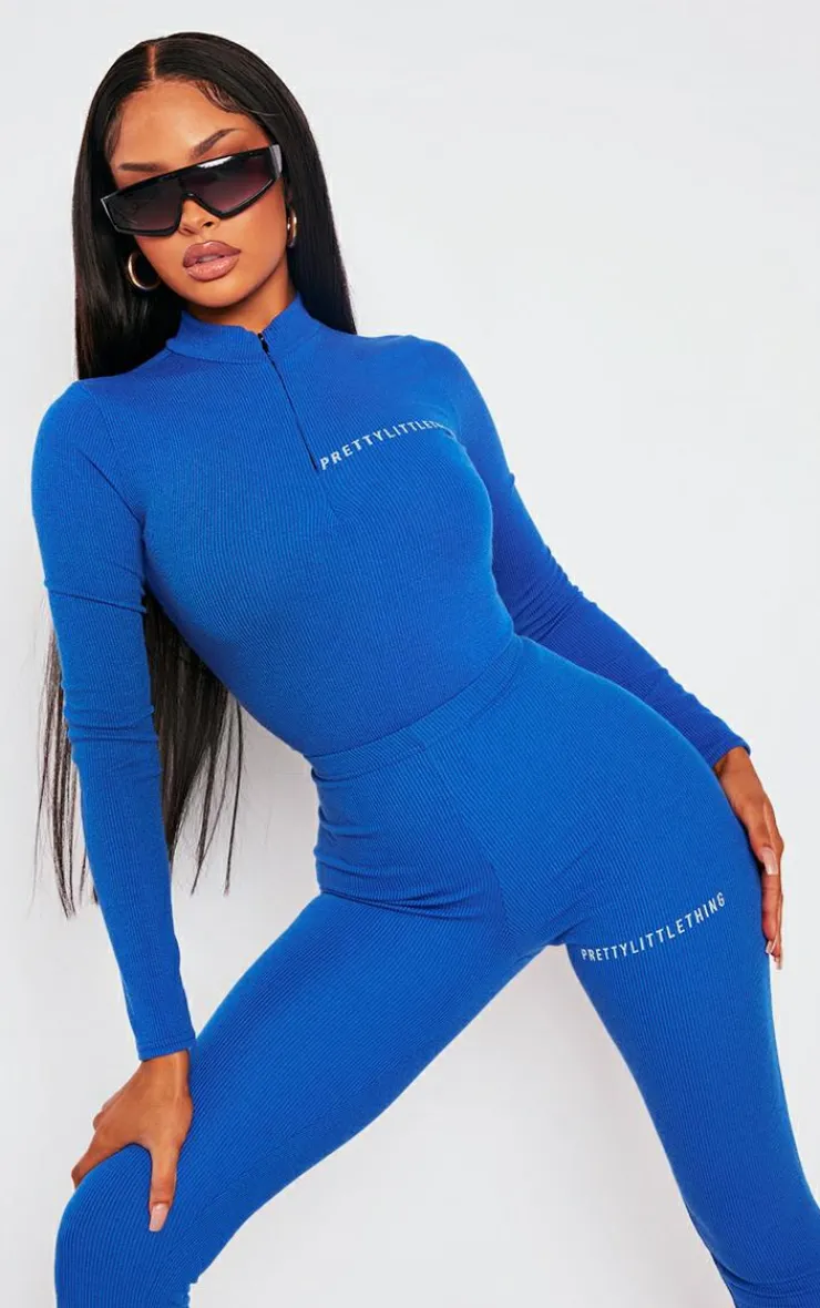Sale PrettyLittleThing Rib Half Zip Bodysuit Bright Blue