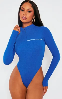 Sale PrettyLittleThing Rib Half Zip Bodysuit Bright Blue