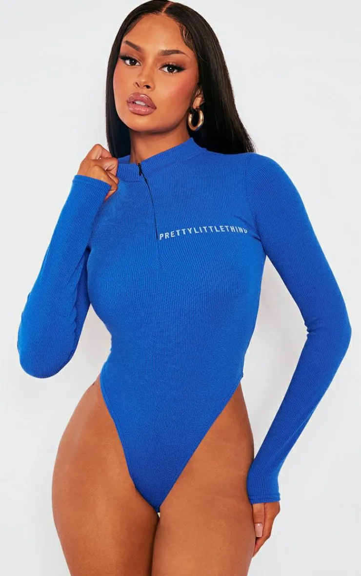 Sale PrettyLittleThing Rib Half Zip Bodysuit Bright Blue