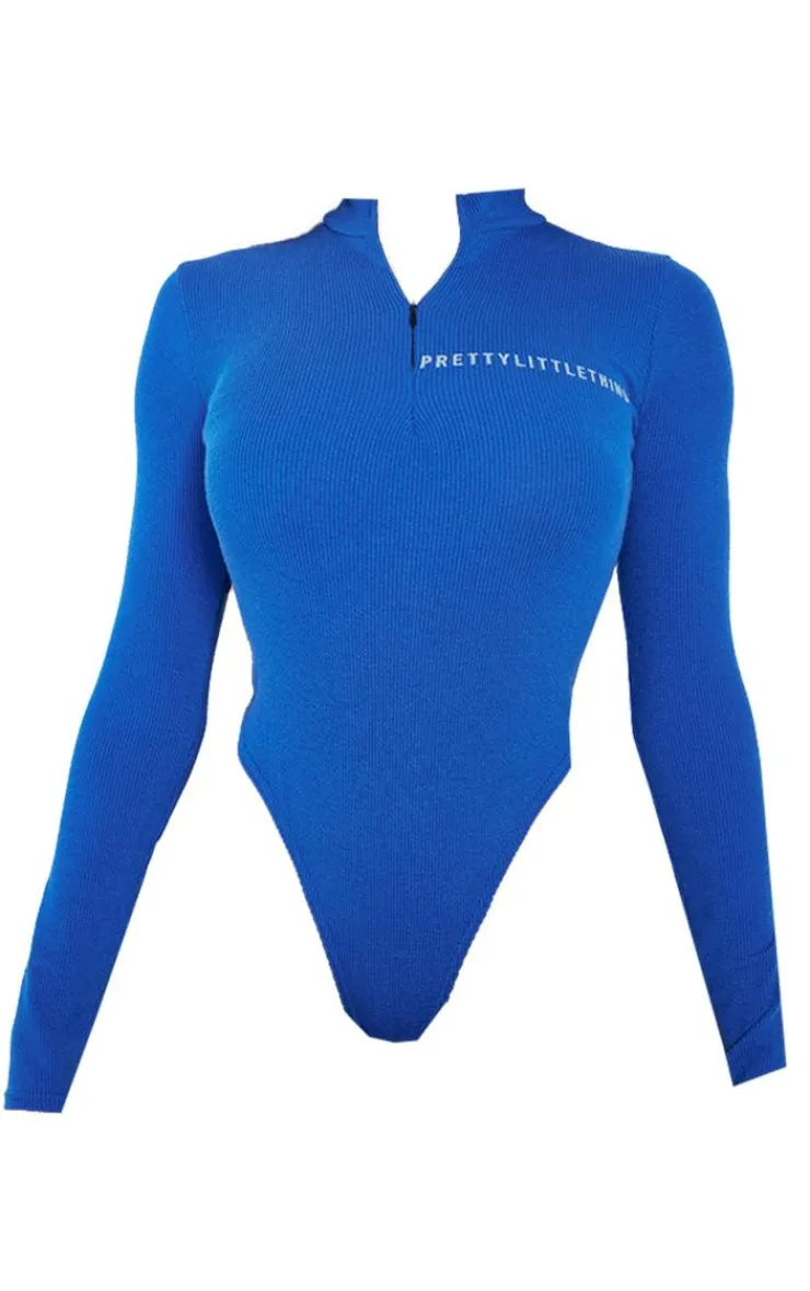 Sale PrettyLittleThing Rib Half Zip Bodysuit Bright Blue