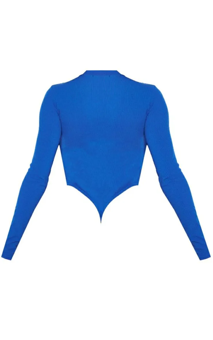 Sale PrettyLittleThing Rib Half Zip Bodysuit Bright Blue