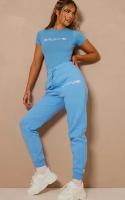 PrettyLittleThing Blue Sweatsuits*Logo High Waisted Cuffed Sweatpant