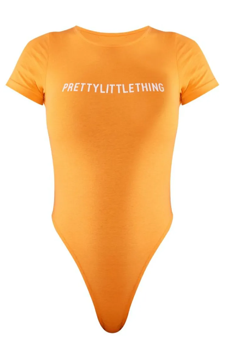 Discount PrettyLittleThing Logo Short Sleeve Bodysuit Bright Orange