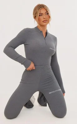 Best PrettyLittleThing Rib Half Zip Bodysuit Charcoal