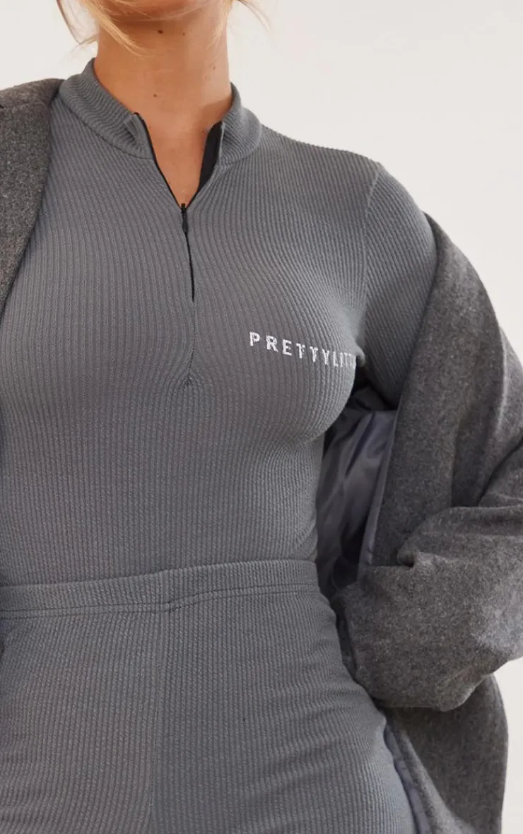 Best PrettyLittleThing Rib Half Zip Bodysuit Charcoal