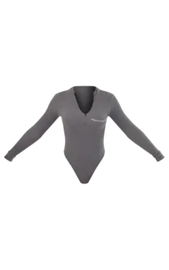 Best PrettyLittleThing Rib Half Zip Bodysuit Charcoal