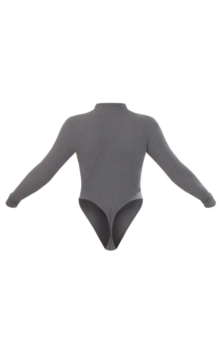 Best PrettyLittleThing Rib Half Zip Bodysuit Charcoal