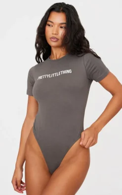 PrettyLittleThing Logo Short Sleeved Bodysuit Charcoal
