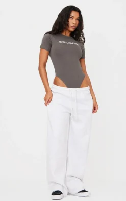 PrettyLittleThing Logo Short Sleeved Bodysuit Charcoal