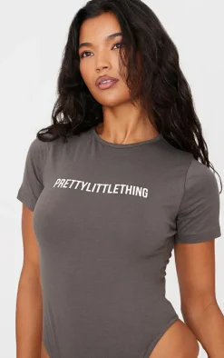 PrettyLittleThing Logo Short Sleeved Bodysuit Charcoal