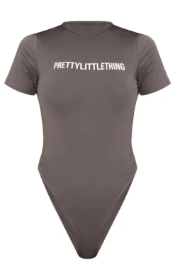 PrettyLittleThing Logo Short Sleeved Bodysuit Charcoal