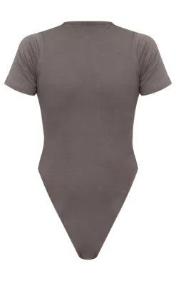 PrettyLittleThing Logo Short Sleeved Bodysuit Charcoal