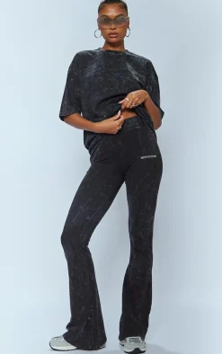 New PrettyLittleThing Print Washed High Waist Flared Pants Charcoal