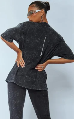 PrettyLittleThing Print Washed Oversized T-shirt Charcoal