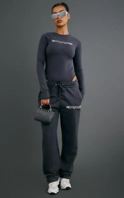 PrettyLittleThing Logo Print Straight Leg Sweatpants Charcoal
