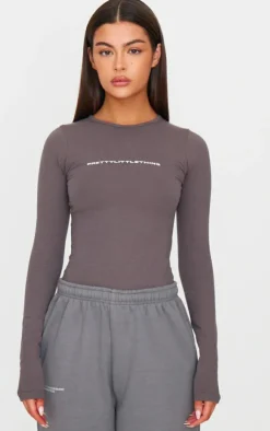 Online PrettyLittleThing Logo Print Long Sleeve Bodysuit Charcoal