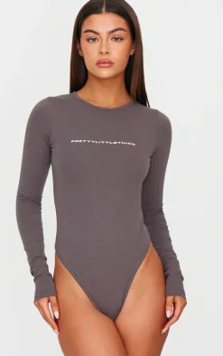 Online PrettyLittleThing Logo Print Long Sleeve Bodysuit Charcoal