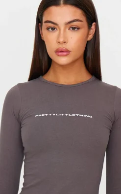 Online PrettyLittleThing Logo Print Long Sleeve Bodysuit Charcoal