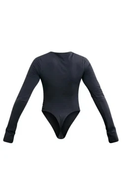 Online PrettyLittleThing Logo Print Long Sleeve Bodysuit Charcoal