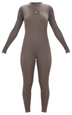 PRETTYLITTLETHING Charcoal Ribbed Long Sleeve Jumpsuit