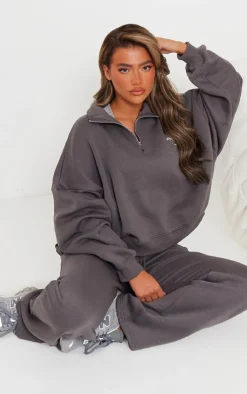PrettyLittleThing Grey Sweatsuits*Logo Embroidered Half Zip Sweatshirt