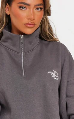 PrettyLittleThing Grey Sweatsuits*Logo Embroidered Half Zip Sweatshirt