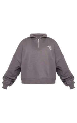 PrettyLittleThing Grey Sweatsuits*Logo Embroidered Half Zip Sweatshirt
