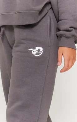 Online PrettyLittleThing Logo Embroidered Wide Leg Sweatpants Charcoal
