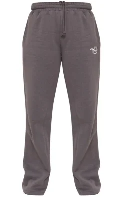 Online PrettyLittleThing Logo Embroidered Wide Leg Sweatpants Charcoal