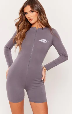 PrettyLittleThing Unitards*Embroidered Zip Up Unitard