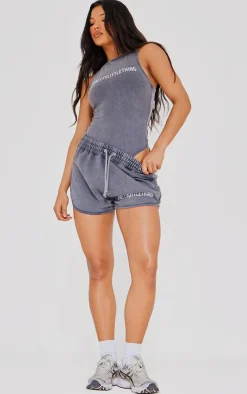 New PrettyLittleThing Wash High Waisted Runner Shorts Charcoal