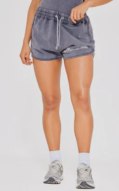 New PrettyLittleThing Wash High Waisted Runner Shorts Charcoal