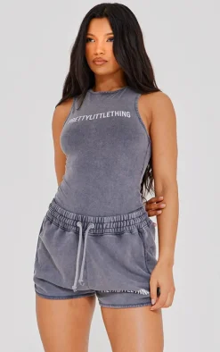 New PrettyLittleThing Wash High Waisted Runner Shorts Charcoal